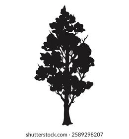 A tall silhouette of a tree stands prominently showcasing its intricate branches and foliage. The simple background emphasizes the tree's shape and details.