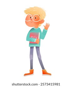 Tall and skinny teenager smart guy wearing glasses and holding a book. Teenager nerd student with book, colorful character design. Watercolor colored vector clip art cartoon illustration.