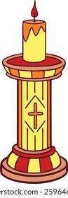 A tall, slender candle is lit on top of a yellow and red pillar. The candle is glowing brightly, casting a warm, inviting light on the surrounding area. The pillar is made of wood