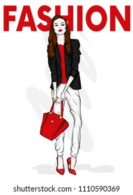 A tall slender girl with long hair in a stylish jacket, trousers and high-heeled shoes. Fashion & Style. Stylish clothes and accessories. Fashionable bag. Vector illustration.