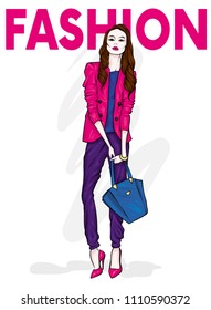 A tall slender girl with long hair in a stylish jacket, trousers and high-heeled shoes. Fashion & Style. Stylish clothes and accessories. Fashionable bag. Vector illustration.