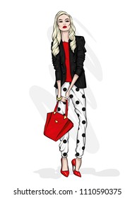 A tall slender girl with long hair in a stylish jacket, trousers and high-heeled shoes. Fashion & Style. Stylish clothes and accessories. Fashionable bag. Vector illustration.