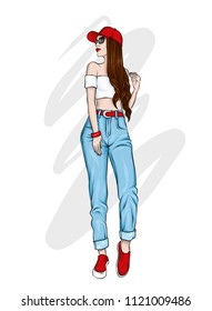 A tall slender girl with long hair in pants, top and cap. Stylish model. Fashionable look. Vector illustration for a postcard or a poster, print for clothes. Fashion, style, clothing and accessories.
