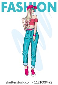A tall slender girl with long hair in pants, top and cap. Stylish model. Fashionable look. Vector illustration for a postcard or a poster, print for clothes. Fashion, style, clothing and accessories.

