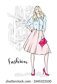 A tall, slender girl in a midi skirt, a blouse, high-heeled shoes and a clutch. Vector illustration. Clothing and accessories, fashion and style. Eps 10.