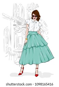 A tall, slender girl in a midi skirt, a blouse, high-heeled shoes and a clutch. Vector illustration. Clothing and accessories, fashion and style. Eps 10.
