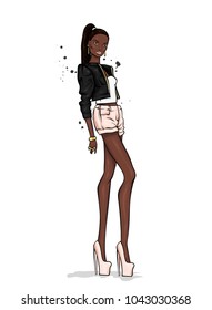 A tall slender girl in short shorts, a jacket and high-heeled shoes. Beautiful model in stylish clothes. Vector illustration for a postcard or a poster, print for clothes. Black woman. African.