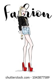 A tall slender girl in short shorts, a jacket and high-heeled shoes. Beautiful model in stylish clothes. Vector illustration for a postcard or a poster, print for clothes.