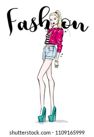 A tall slender girl in short shorts, a jacket and high-heeled shoes. Beautiful model in stylish clothes. Vector illustration for a postcard or a poster, print for clothes.
