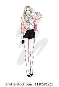 A tall slender girl in short shorts, a jacket and high-heeled shoes. Beautiful model in stylish clothes. Vector illustration for a postcard or a poster, print for clothes.
