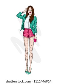 A tall slender girl in short shorts, a jacket and high-heeled shoes. Beautiful model in stylish clothes. Vector illustration for a postcard or a poster, print for clothes.
