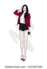 A tall slender girl in short shorts, a jacket and high-heeled shoes. Beautiful model in stylish clothes. Vector illustration for a postcard or a poster, print for clothes.
