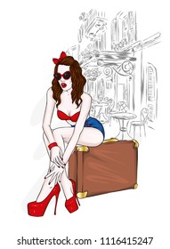 A tall slender girl in short shorts, a jacket and high-heeled shoes. Beautiful model in stylish clothes. Vector illustration for a postcard or a poster, print for clothes.
