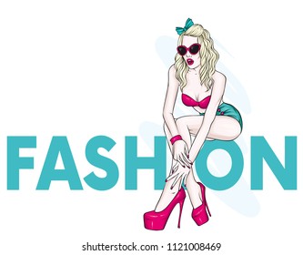 A tall slender girl in short shorts, a jacket and high-heeled shoes. Beautiful model in stylish clothes. Vector illustration for a postcard or a poster, print for clothes.