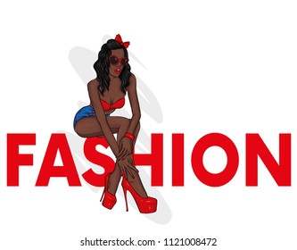 A tall slender girl in short shorts, a jacket and high-heeled shoes. Beautiful model in stylish clothes. Vector illustration for a postcard or a poster, print for clothes.