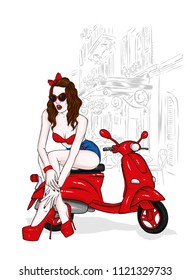 A tall slender girl in short shorts, a jacket and high-heeled shoes. Beautiful model in stylish clothes. Vector illustration for a postcard or a poster, print for clothes.  Vintage moped, personal tra