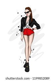 A tall slender girl in short shorts, a jacket and high-heeled shoes. Beautiful model in stylish clothes. Vector illustration for a postcard or a poster, print for clothes. Black woman. African.