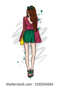 A tall slender girl in short shorts, and t-shirt. Beautiful model in stylish clothes. Vector illustration for a postcard or a poster, print for clothes.