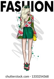 A tall slender girl in short shorts, and t-shirt. Beautiful model in stylish clothes. Vector illustration for a postcard or a poster, print for clothes.