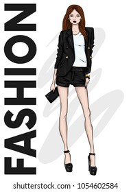 A tall slender girl in shorts, a jacket and high-heeled shoes. Long-legged model. Fashion, style, clothing and accessories. Vector illustration.