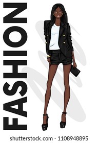 A tall slender girl in shorts, a jacket and high-heeled shoes. Long-legged model. Fashion, style, clothing and accessories. Vector illustration. Black girl.