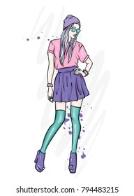 A tall, slender girl in stylish clothes. A girl in a skirt, hat, glasses, stockings and boots with high heels. Fashion & Style. Vector illustration.