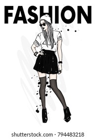 A tall, slender girl in stylish clothes. A girl in a skirt, hat, glasses, stockings and boots with high heels. Fashion & Style. Vector illustration.