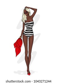 A tall, slender girl in a stylish swimsuit. Vector illustration. Fashion and style, clothing and accessories. Black woman.