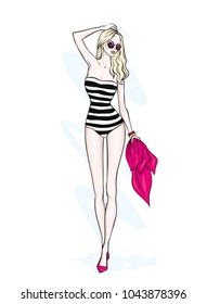 A tall, slender girl in a stylish swimsuit. Vector illustration. Fashion and style, clothing and accessories.