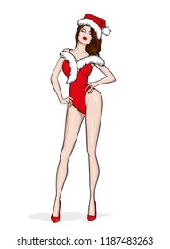 A tall, slender girl in a stylish swimsuit. Vector illustration. Fashion and style, clothing and accessories. Christmas and New Year.