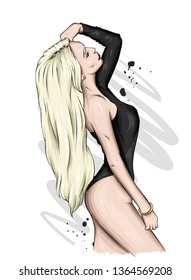 A tall, slender girl in a stylish swimsuit. Vector illustration. Fashion and style, clothing and accessories.