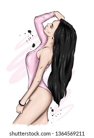 A tall, slender girl in a stylish swimsuit. Vector illustration. Fashion and style, clothing and accessories.