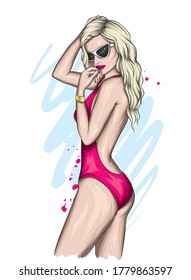 A tall, slender girl in a stylish swimsuit. Vector illustration. Fashion and style, clothing and accessories.