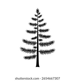 Pinheiro alto e fino em um desenho de contorno minimalista. Um simples ícone de arte de linha de um evergreen para projetos de natureza ou floresta.