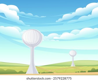 Tall, slim white water tower with a rounded top. Minimalist, clean design with a smooth surface. Vector illustration with rural landscape background