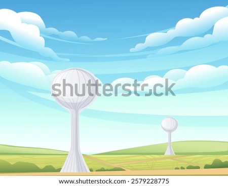 Tall, slim white water tower with a rounded top. Minimalist, clean design with a smooth surface. Vector illustration with rural landscape background