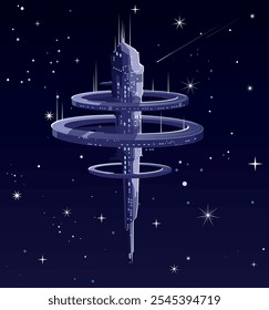 A tall space structure resembling a science base in space or a space elevator reaching for the stars