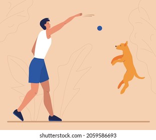 Un hombre deportivo alto está jugando con un perro. El niño entrena a la mascota. El hombre arroja la pelota al perro. El perro salta y atrapa la pelota. Caminar un animal por el parque. Ilustración plana del vector