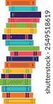 A tall stack of books on a transparent background. A bunch of library books, textbooks, literature. Isolated vector illustration.	