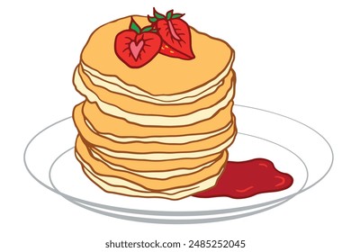 Pila alta de panqueques de mantequilla cubiertos con fresas, almíbar. panqueques marrones dorados, plato blanco, dos fresas rojas Vector aislado doodle ilustración para café, menú de restaurante, receta, libro de cocina