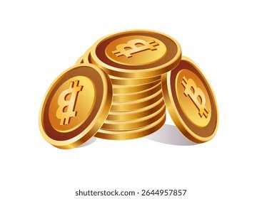 Pilha alta de moedas de bitcoin dourado com duas moedas inclinadas nos lados sobre fundo branco mostrando o conceito de criptomoeda