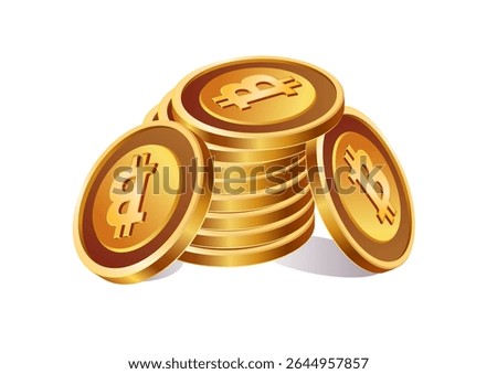 Tall stack of golden bitcoin coins with two coins leaning at the sides on white background showing cryptocurrency concept