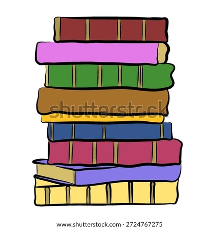 A tall stack of multicolored books arranged in a neat, vertical pile.