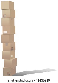 A tall stack of shipping carton boxes with a shadow.