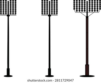Tall stadium light poles with multiple circular lamps, outdoor sports arena illumination illustration for lighting design and infrastructure