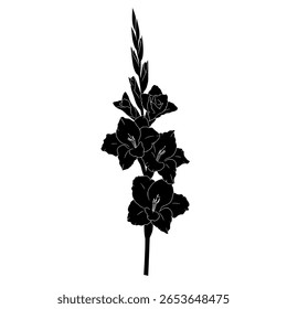Tall stalk of gladiolus flowers as a solid black glyph icon. Simple botanical graphic for floral arrangements and garden designs.