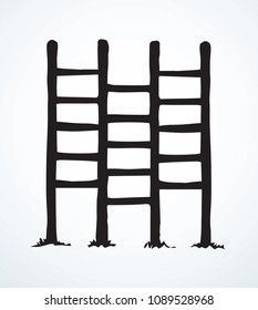 Tall steel plank stepladder isolated on white backdrop. Dark ink hand drawn logo silhouette in art retro contour graphic style. Close up view with space for text on light sky