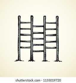 Tall steel plank stepladder isolated on white backdrop. Freehand line black ink hand drawn logo sketchy in art retro doodle cartoon graphic style pen on paper. Close up with space for text on ground
