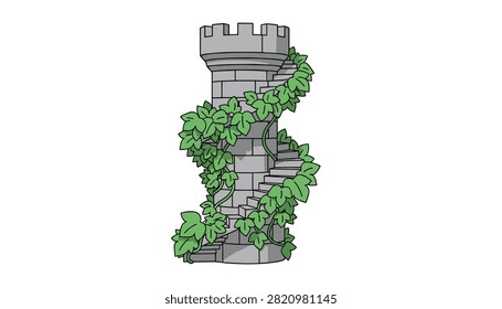Tall stone castle tower decorated with green climbing ivy vines and spiral stairs.