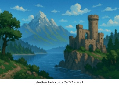 A tall stone tower stands by a calm lake at the base of a snow-capped mountain. A serene, noble medieval scene surrounded by nature.